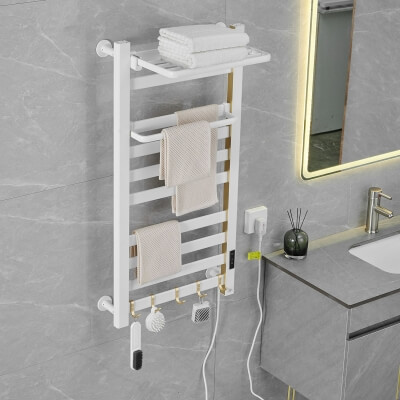 Фото: Полотенцесушитель электрический Loder 49*96 см с вешалкой (правое подключение) белый+золотой-2 Полотенцесушитель электрический Loder 49*96 см с вешалкой (правое подключение) белый+золотой-2